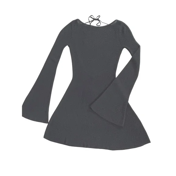 Meshki Zahra Open Back Mini Mesh Knit Dress Semi Sheer XS Black Bell Sleeve NWT - Picture 10 of 14